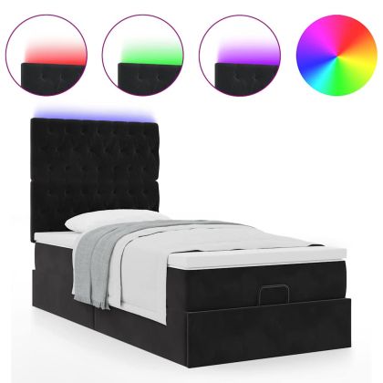 Османска легло с матраци и LED, черно, 90x200 см, кадифе