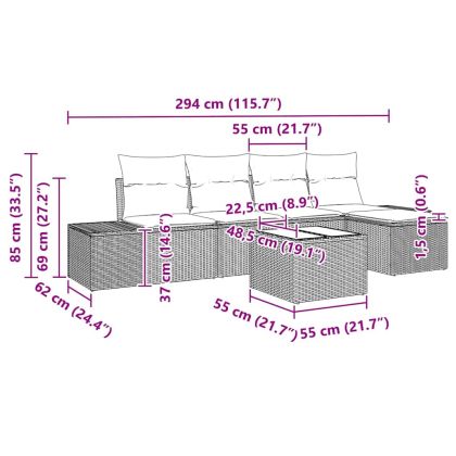 Градински Софа Комплект с възглавница 6 pcs Кафяво полиратан