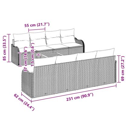 Градински Софа Комплект с възглавница 9 pcs Сив полиратан