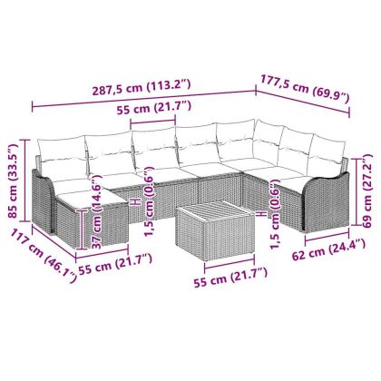 Градински Софа Комплект с възглавница 9 pcs Сив полиратан