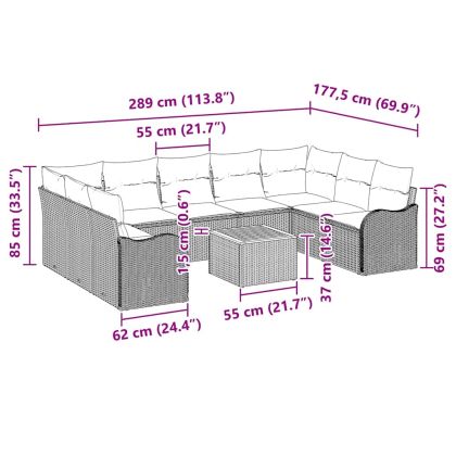 Градински Софа Комплект с възглавница 10 pcs Сив полиратан