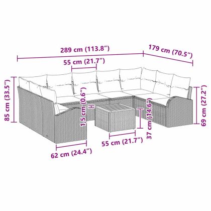 Градински Софа Комплект с възглавница 10 pcs Черно полиратан