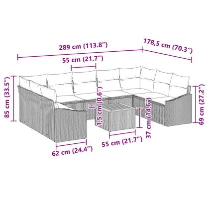 Градински Софа Комплект с възглавница 10 pcs Сив полиратан
