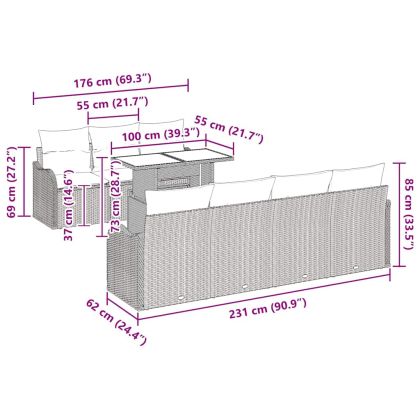 Градински Софа Комплект с възглавница 8 pcs Сив Полиратан