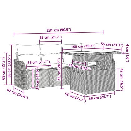 Градински Софа Комплект с възглавница 6 pcs Кафяво полиратан