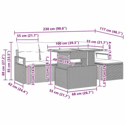Градински Софа Комплект с възглавница 6 pcs Черно полиратан