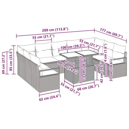 Градински Софа Комплект с възглавница 10 pcs Сив полиратан