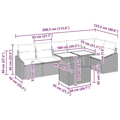 Градински Софа Комплект с възглавница 7 pcs Черно полиратан