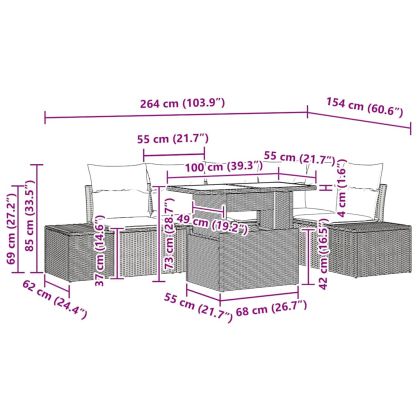 Градински Софа Комплект с възглавница 6 pcs Сив Полиратан