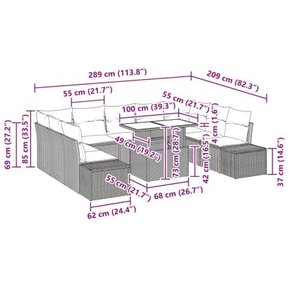 Градински Софа Комплект с възглавница 10 pcs Черно полиратан