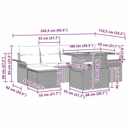 Градински Софа Комплект с възглавница 7 pcs Черно полиратан