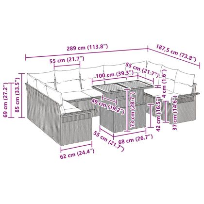 Градински Софа Комплект с възглавница 10 pcs Черно и кремаво