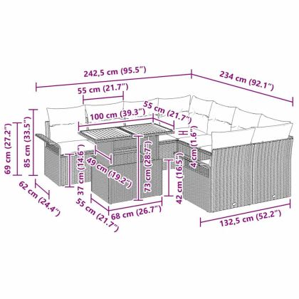 Градински Софа Комплект с възглавница 11 pcs Черно полиратан