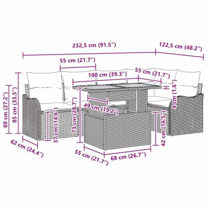 Градински Софа Комплект с възглавница 6 pcs Сив полиратан