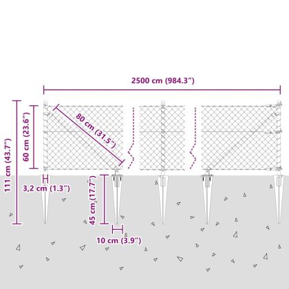Стълб за ограда. Сребрист 25 x 0,6 м (60 x 60 мм мрежа) Стомана
