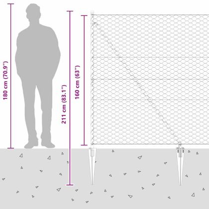 Стълб за ограда. Сив 10 x 1,6 м (50 мм мрежа) Стомана и PVC