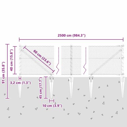 Стълб за ограда. Сив 25 x 0,4 м (25 мм мрежа) Стомана и PVC