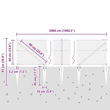 Стълб за ограда. Сив 50 x 0,4 м (25 мм мрежа) Стомана и PVC