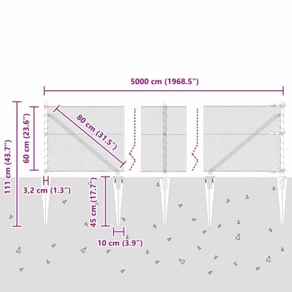 Стълб за ограда. Сив 50 x 0,6 м (мрежа 13 мм) Стомана и PVC