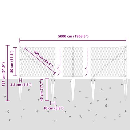 Стълб за ограда. Сив 50 x 0,8 м (25 мм мрежа) Стомана и PVC