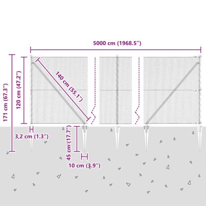 Стълб за ограда. Сив 50 x 1,2 м (13 мм мрежа) Стомана и PVC