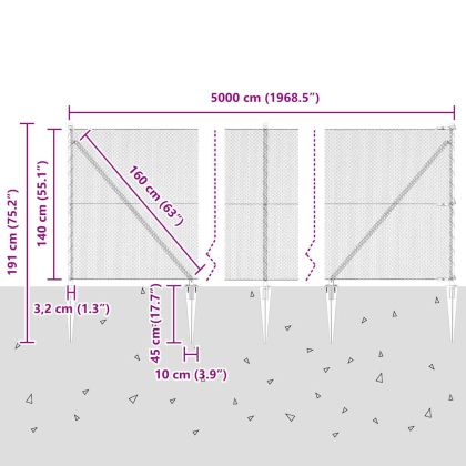 Стълб за ограда. Сив 50 x 1,4 м (13 мм мрежа) Стомана и PVC