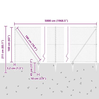 Стълб за ограда. Сив 50 x 1,6 м (25 мм мрежа) Стомана и PVC