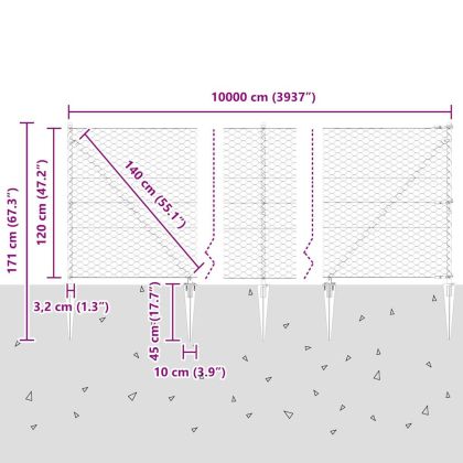 Стълб за ограда. Сив 100 x 1,2 м (50 мм мрежа) Стомана и PVC