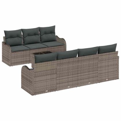 Градински Софа Комплект 8 pcs Сив Полиратан, стомана и стъкло