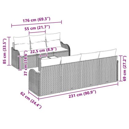 Градински Софа Комплект 8 pcs Сив Полиратан, стомана и стъкло