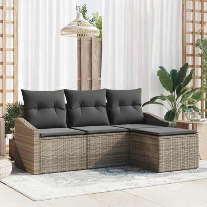 Комплект дивани с възглавница 4 pcs Сив полиратан
