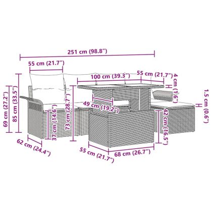 Градински Софа Комплект с възглавница 6 pcs Черно Полиратан