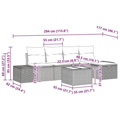 Градински Софа Комплект с възглавница 6 pcs Черно полиратан
