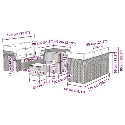 Градински Софа Комплект с възглавница 9 pcs Черно полиратан