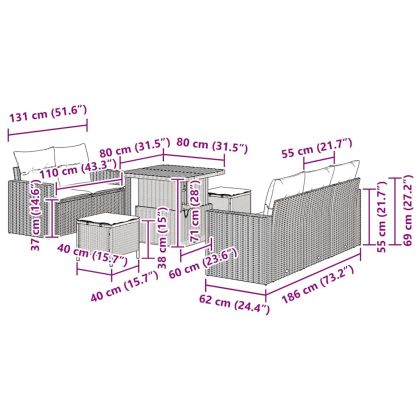 Градински Софа Комплект с възглавница 8 pcs Черно полиратан