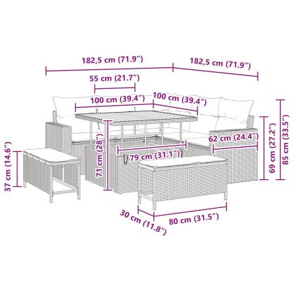 Градински Софа Комплект 8 pcs Сив полиратан