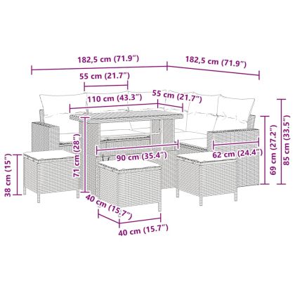 Градински Софа Комплект 9 pcs Сив полиратан