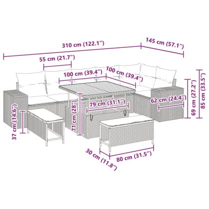 Градински Софа Комплект с възглавница 9 pcs Сив полиратан