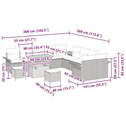 Градински Софа Комплект с възглавница 13 pcs Сив полиратан