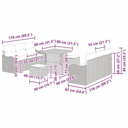 Градински Софа Комплект с възглавница 9 pcs Бежово полиратан