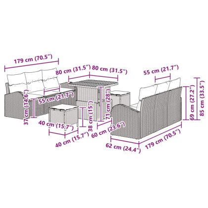 Градински Софа Комплект с възглавница 9 pcs Бежово полиратан