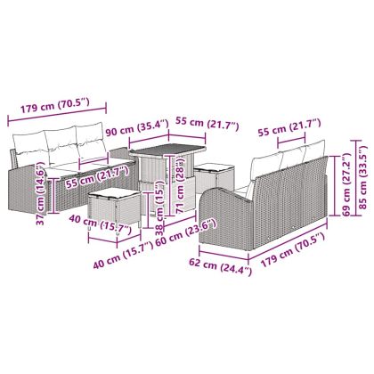 Градински Софа Комплект с възглавница 9 pcs Черно полиратан