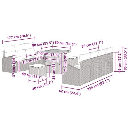Градински Софа Комплект с възглавница 10 pcs Черно полиратан