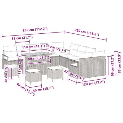 Градински Софа Комплект с възглавница 14 pcs Бежово полиратан