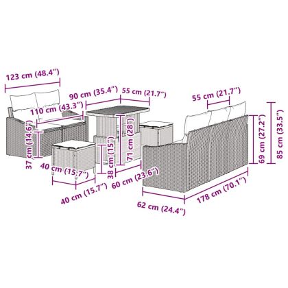 Градински Софа Комплект с възглавница 8 pcs Черно полиратан