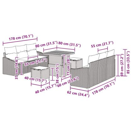 Градински Софа Комплект с възглавница 9 pcs Черно полиратан