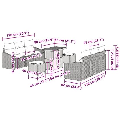 Градински Софа Комплект с възглавница 9 pcs Сив полиратан