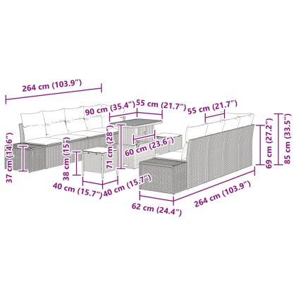 Градински Софа Комплект с възглавница 11 pcs Черно полиратан