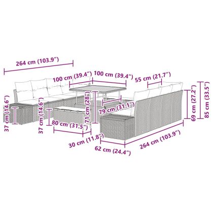 Градински Софа Комплект с възглавница 11 pcs Черно полиратан