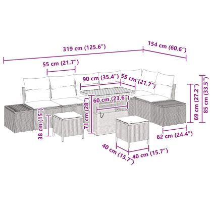 Градински Софа Комплект с възглавница 9 pcs Бежово полиратан